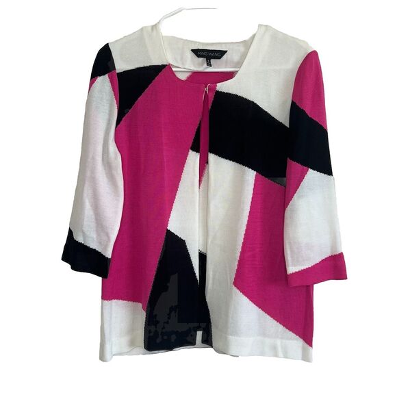 Ming Wang Knit Cardigan Jacket 3/4 Sleeve Office Career Color block Small f16 - Picture 1 of 5